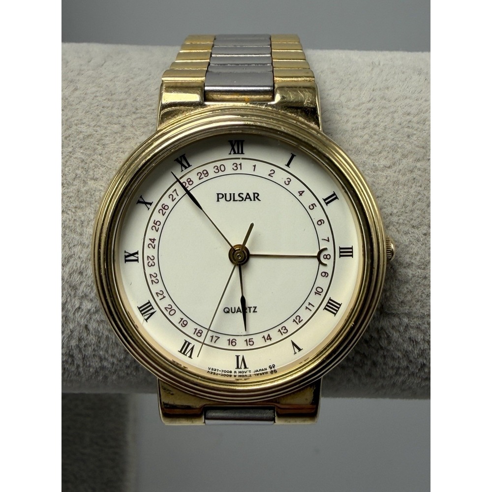 Pulsar V337-7000 New Battery Mens Calendar Watch 33MM 7.5" Two Tone